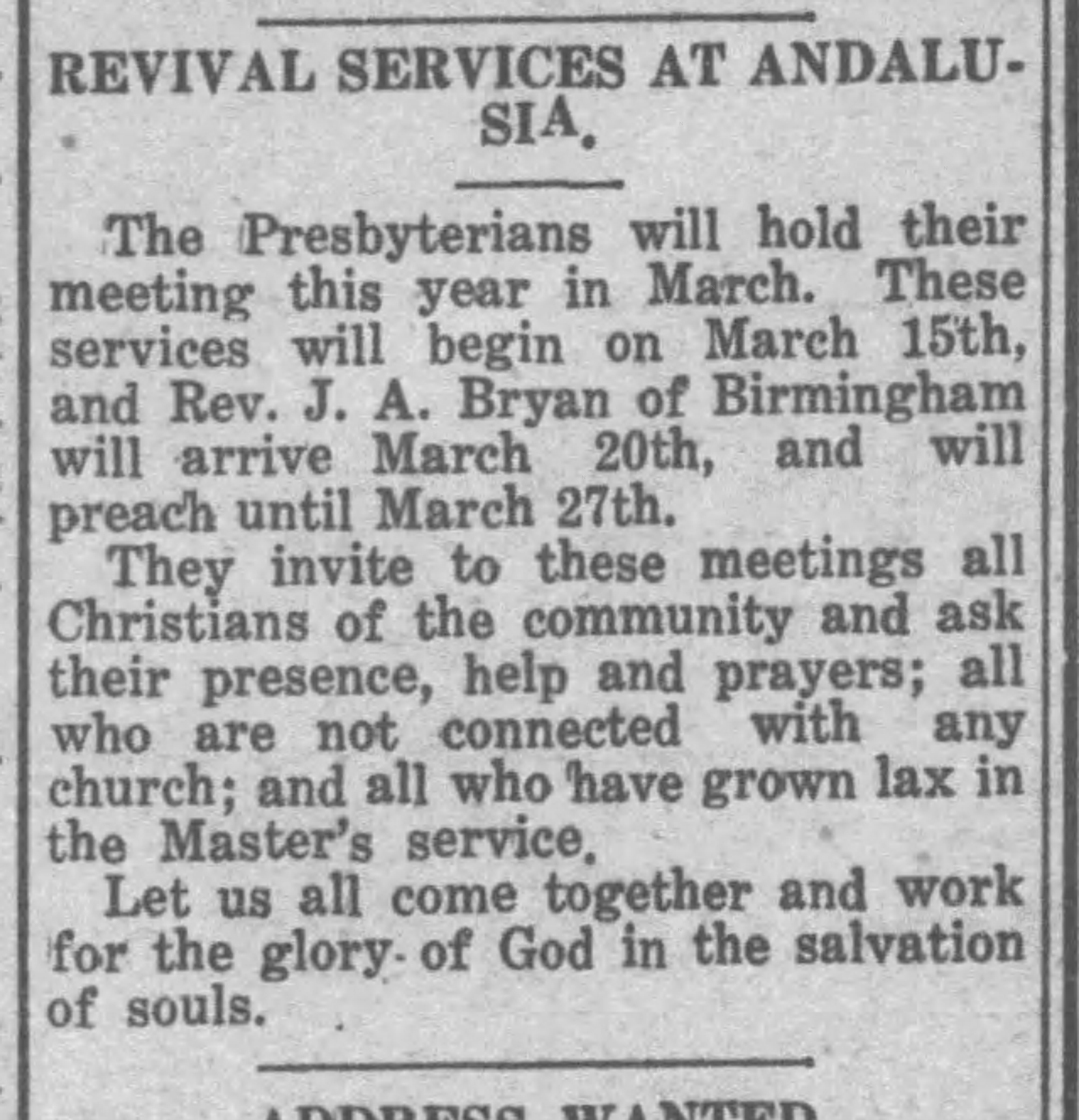 Revival Services At Andalusia